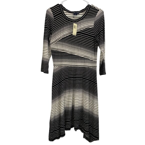 Black White Striped Fit & Flare Dress Max Edition 3/4 Sleeves Asym Hem Small - Picture 1 of 7